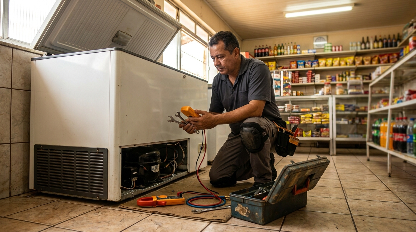 Técnico reparando o motor de um freezer horizontal em Niterói‑RJ