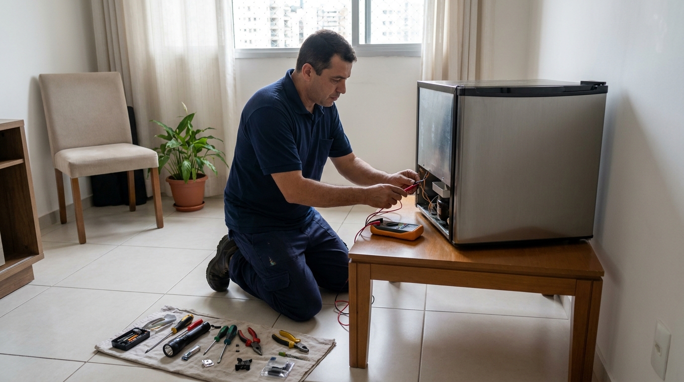 Técnico avaliando um frigobar compacto durante atendimento em Niterói‑RJ